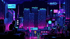 Neon Cyberpunk Cityscape Pixel Art with Silhouetted Figures and Futuristic Skyscrapers HD wallpaper