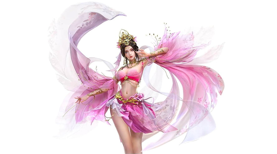Elegant Fantasy Dancer in Flowing Pink Silk Veils and Ornate Gold Crown HD wallpaper