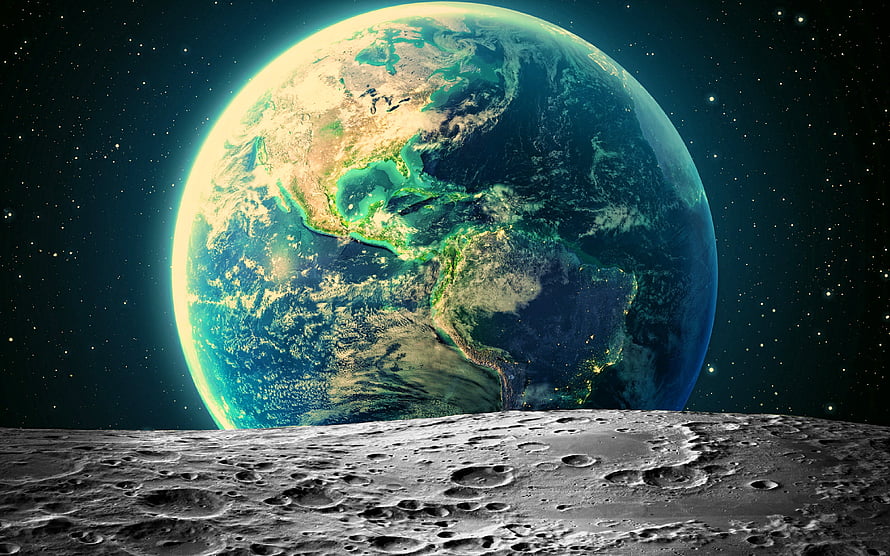 Earth Rising Over the Moon's Cratered Surface in Deep Space HD wallpaper