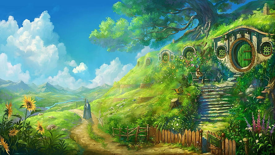 Whimsical Hillside Hobbiton Village with Round Doors and Lush Greenery HD wallpaper