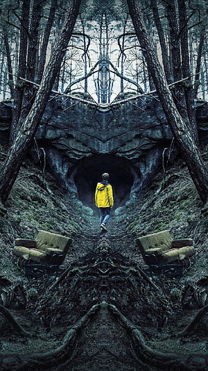 Dark Netflix Series Poster: Man in Yellow Jacket Walking into Forest Cave HD phone wallpaper