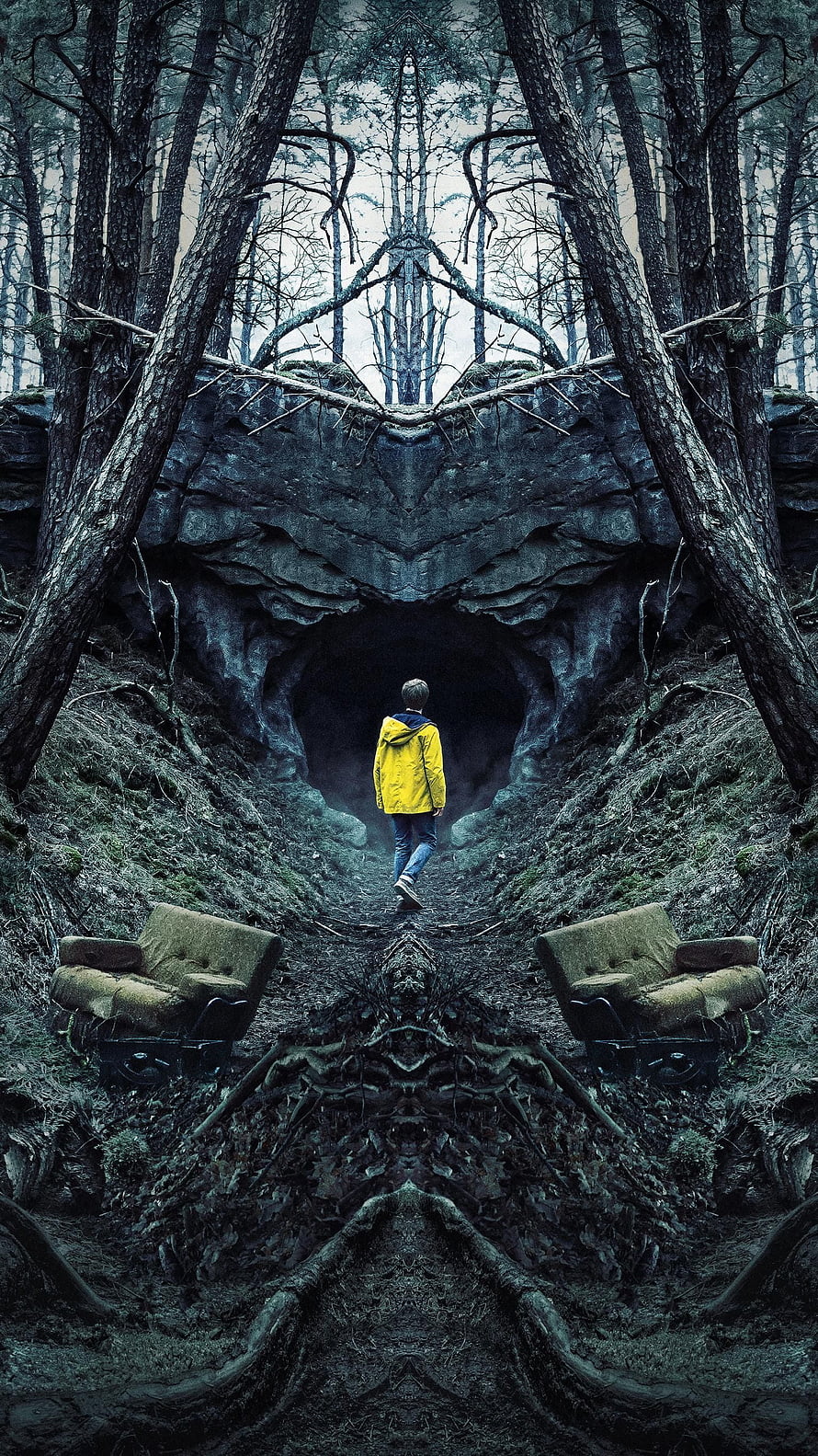 Dark Netflix Series Poster: Man in Yellow Jacket Walking into Forest Cave HD phone wallpaper