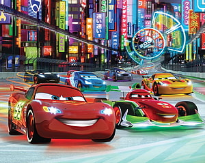 Disney Pixar Cars 3 Racing Scene in Tokyo with Lightning McQueen and Jackson Storm HD wallpaper