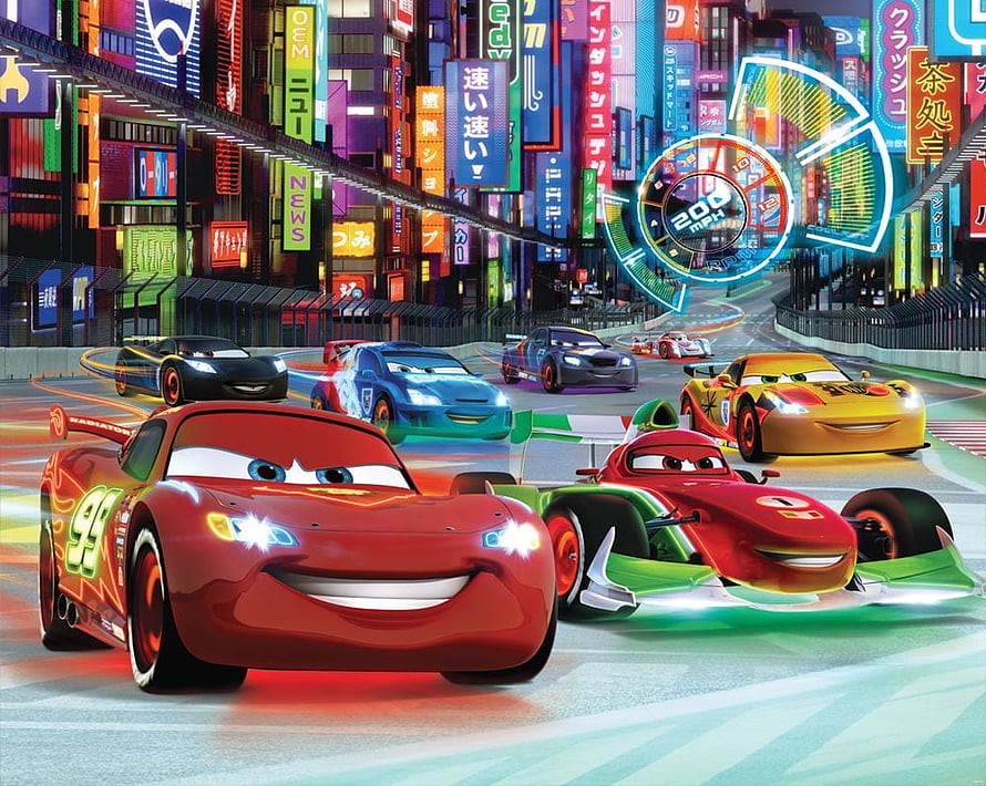 Disney Pixar Cars 3 Racing Scene in Tokyo with Lightning McQueen and Jackson Storm HD wallpaper