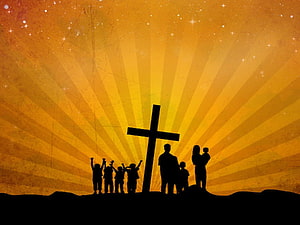 Silhouette of a Christian family gathered around a cross with radiant golden light and stars HD wallpaper