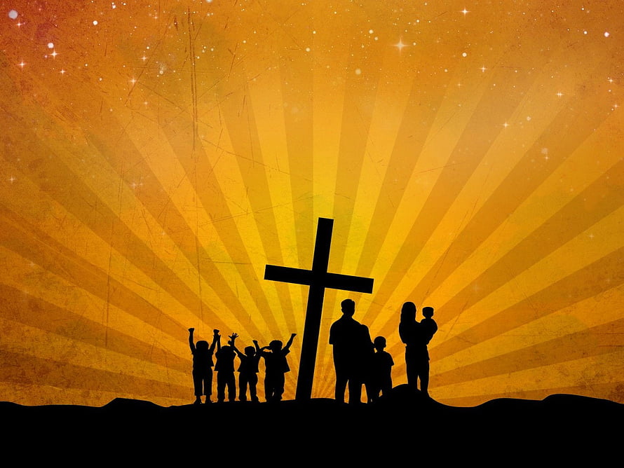 Silhouette of a Christian family gathered around a cross with radiant golden light and stars HD wallpaper