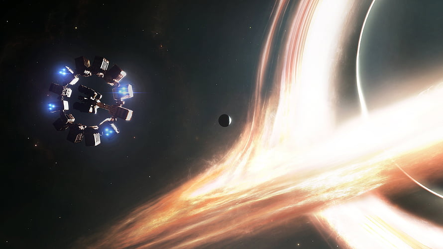 Interstellar Gargantua Black Hole with Space Station and Planet HD wallpaper