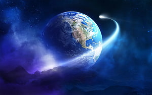 Earth From Space With Comet Trail And Nebula Clouds HD wallpaper