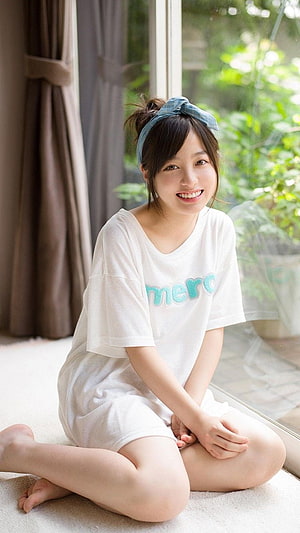 Kanna Hashimoto in White T-Shirt and Blue Headband Sitting by Window HD phone wallpaper