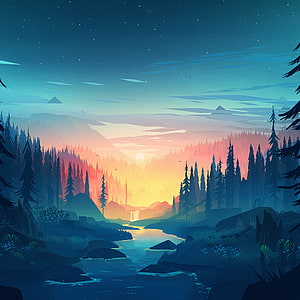 Stylized Digital Illustration of a Serene Mountain Valley at Sunset with a Winding River and Pine Forest HD phone wallpaper