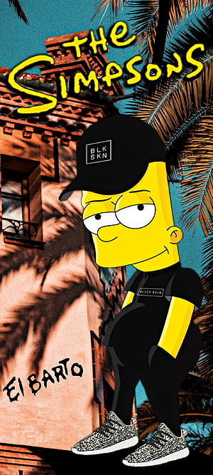 Bart Simpson in Streetwear Attire with Urban Graffiti and Palm Tree Background HD phone wallpaper