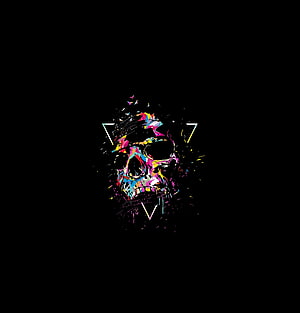 Vibrant Multicolor Skull with Geometric Triangles and Splatter Effects on Black Background HD phone wallpaper