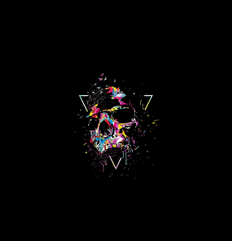 Vibrant Multicolor Skull with Geometric Triangles and Splatter Effects on Black Background HD phone wallpaper