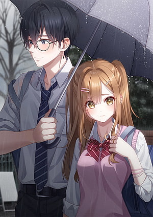 Anime School Couple Sharing Umbrella in Rain HD phone wallpaper