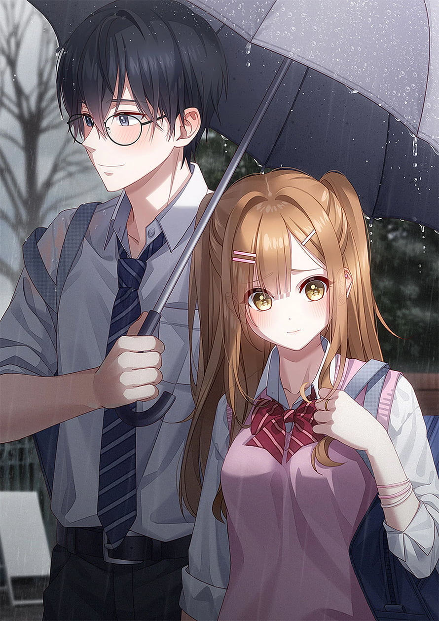 Anime School Couple Sharing Umbrella in Rain HD phone wallpaper