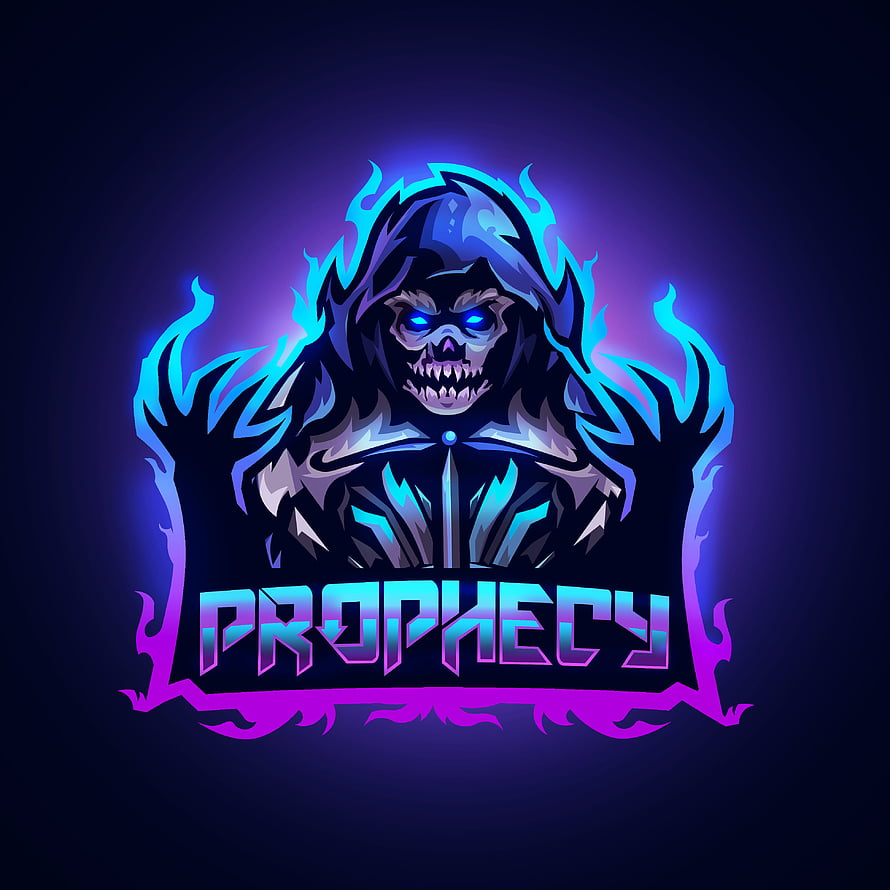Prophecy Esports Logo Featuring Hooded Skull with Neon Blue and Purple Flames HD phone wallpaper