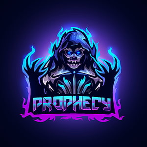 Prophecy Esports Team Logo Featuring Hooded Skull and Neon Blue Flames HD phone wallpaper