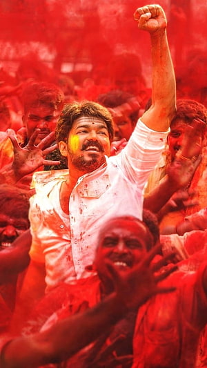 Thalapathy Vijay in Mersal Movie Red Powder Celebration Scene HD phone wallpaper