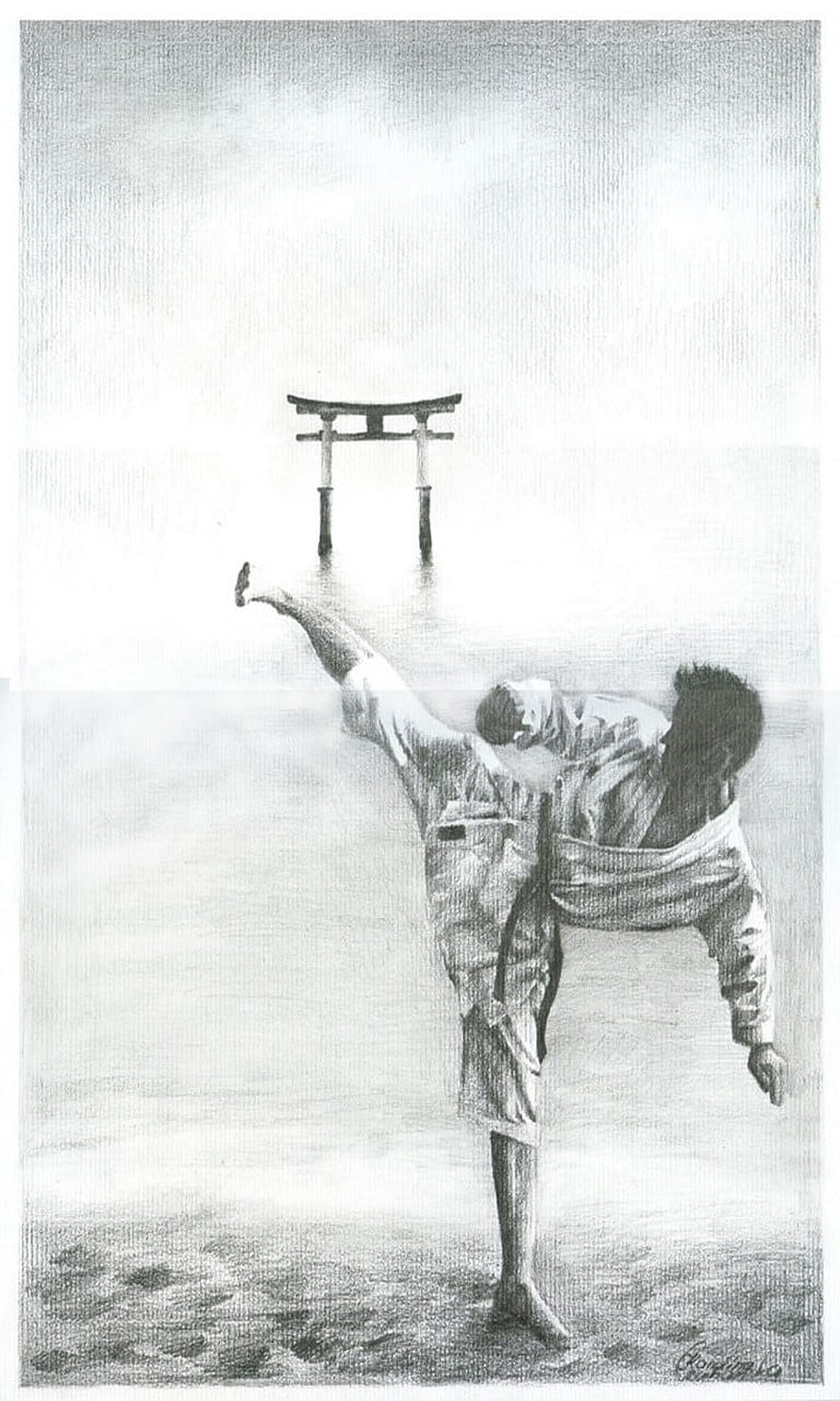 Kyokushin Karate Fighter Performing High Kick Near Torii Gate HD phone wallpaper