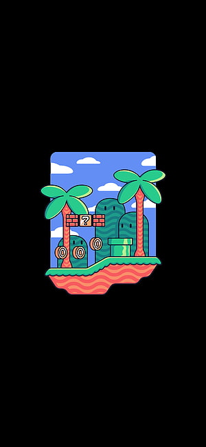 Super Mario Bros Tropical Island Illustration with Question Block and Pipes HD phone wallpaper