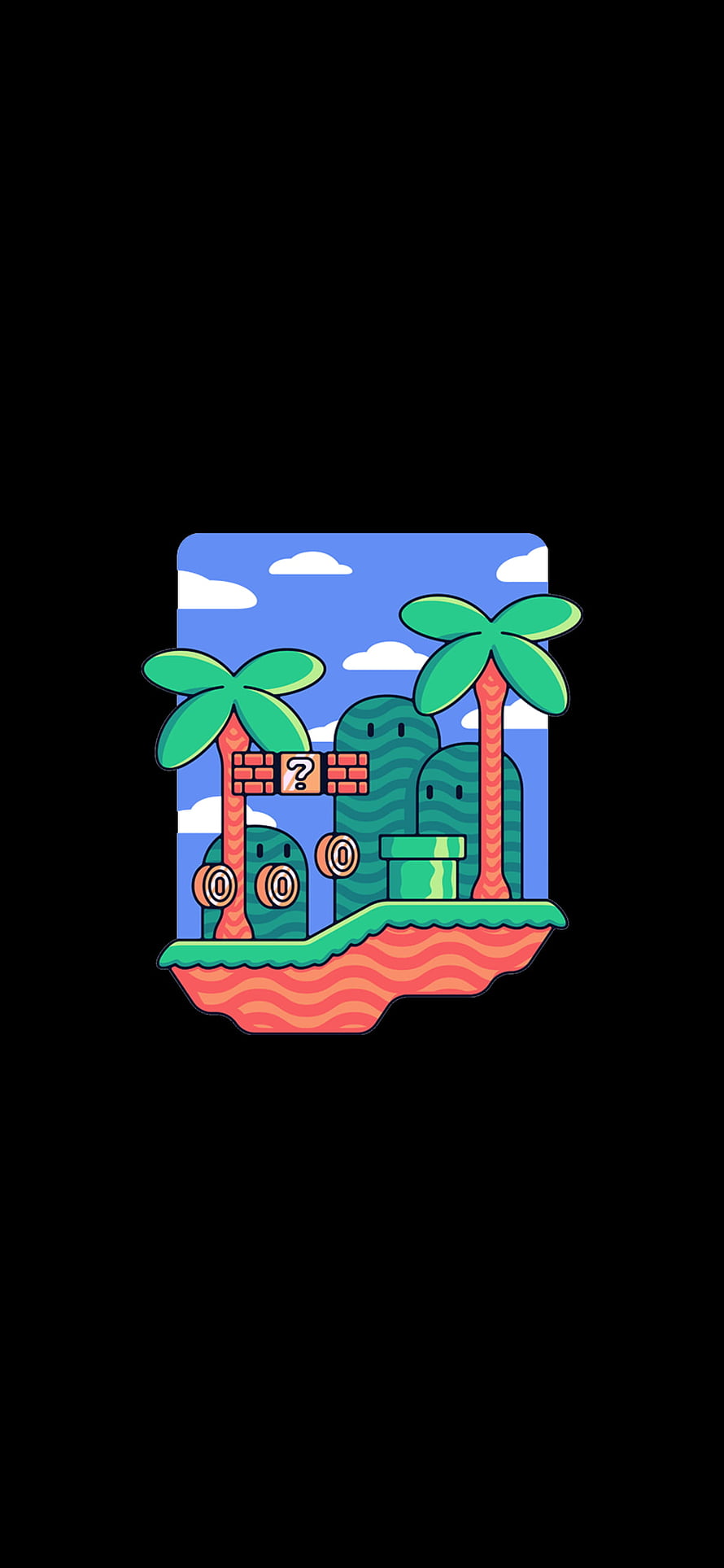 Super Mario Bros Tropical Island Illustration with Question Block and Pipes HD phone wallpaper