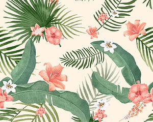 Watercolor Tropical Floral Pattern with Pink Lilies and Green Palm Leaves HD wallpaper