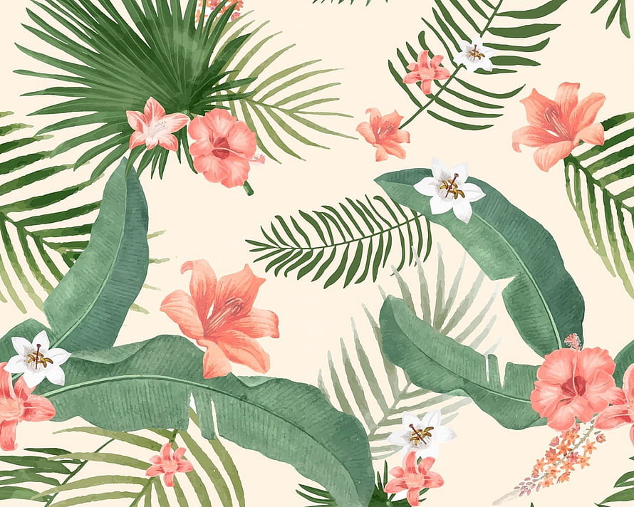 Watercolor Tropical Floral Pattern with Pink Lilies and Green Palm Leaves HD wallpaper