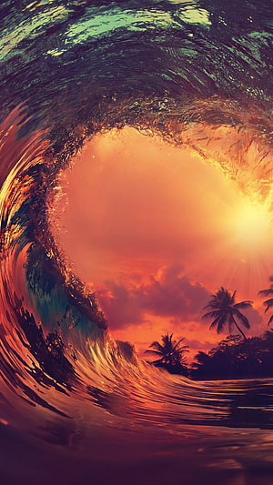 Hawaii Sunset Ocean Wave Barrel with Palm Trees Silhouette HD phone wallpaper