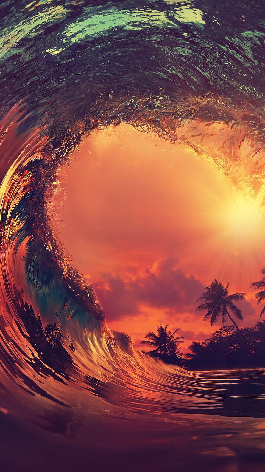 Hawaii Sunset Ocean Wave Barrel with Palm Trees Silhouette HD phone wallpaper