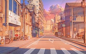 Sunset Japanese Street Scene in Anime Style with Convenience Store and Crosswalk HD wallpaper
