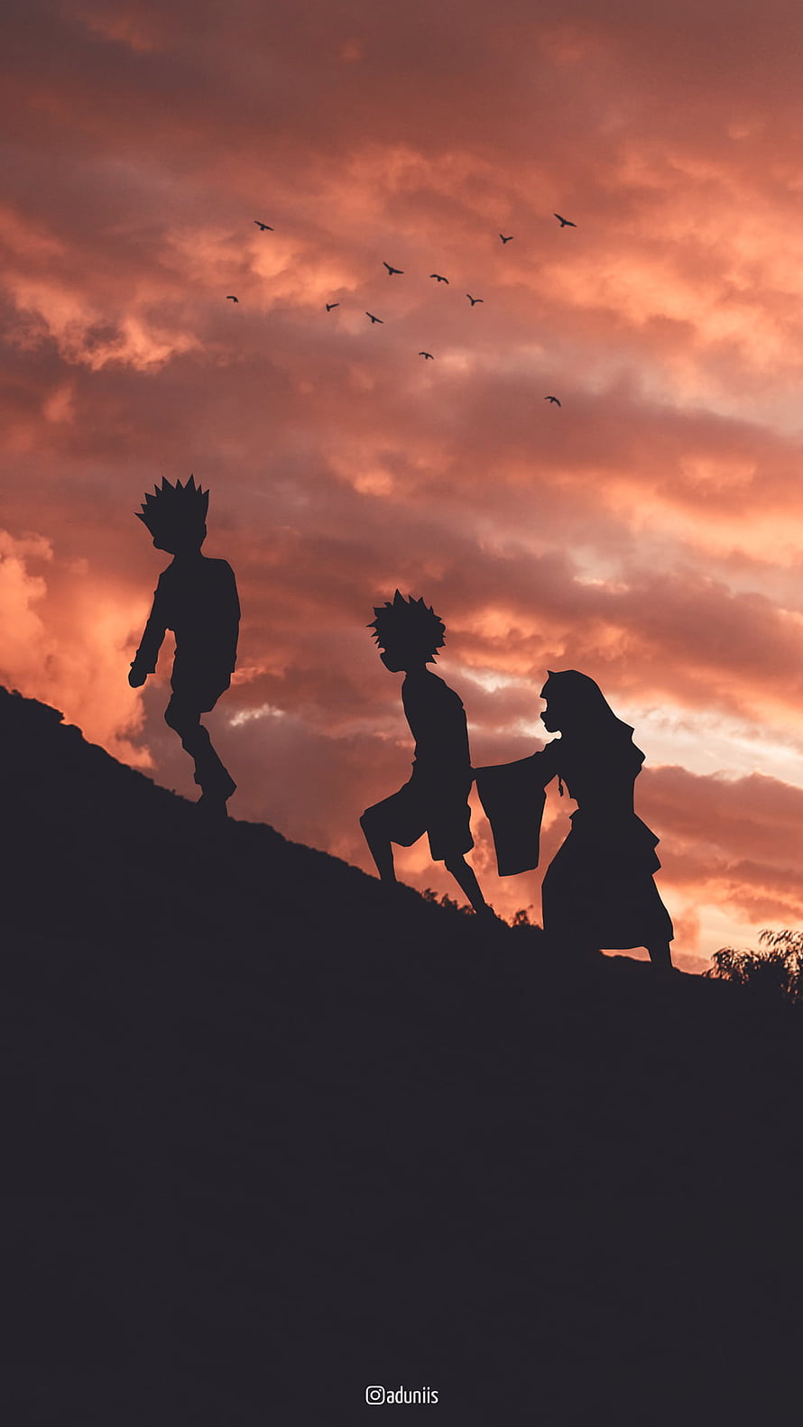 Hunter x Hunter Silhouette Art of Gon, Killua, and Alluka Walking at Sunset HD phone wallpaper