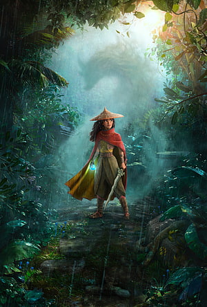 Raya and the Last Dragon Concept Art: Heroine in Rainy Jungle with Sword and Lantern HD phone wallpaper