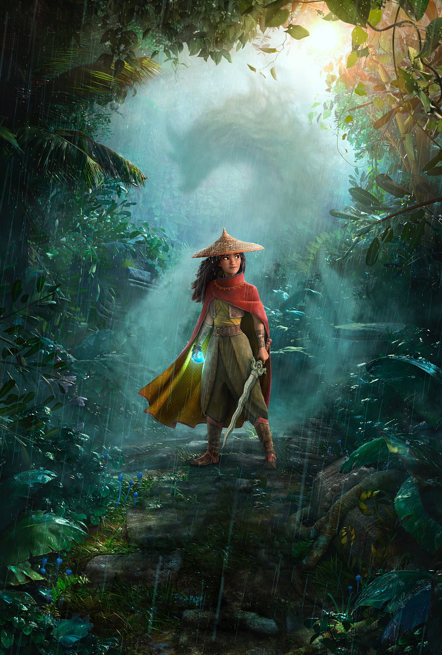 Raya and the Last Dragon Concept Art: Heroine in Rainy Jungle with Sword and Lantern HD phone wallpaper