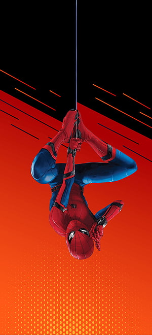 Spider-Man Hanging Upside Down on Web Against Bold Red and Black Comic Background HD phone wallpaper