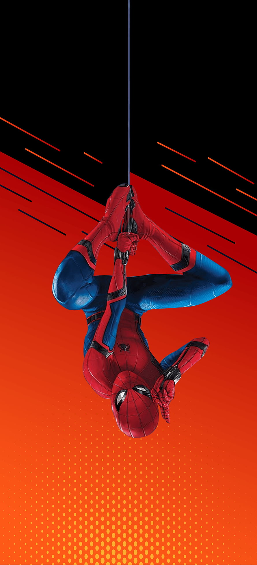 Spider-Man Hanging Upside Down on Web Against Bold Red and Black Comic Background HD phone wallpaper