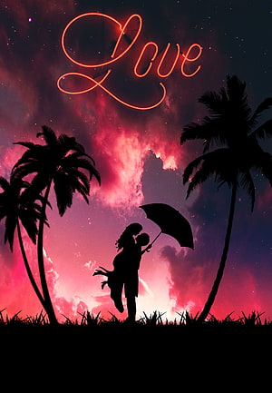 Romantic Couple Silhouette Under Neon Love Sign With Palm Trees At Sunset HD phone wallpaper