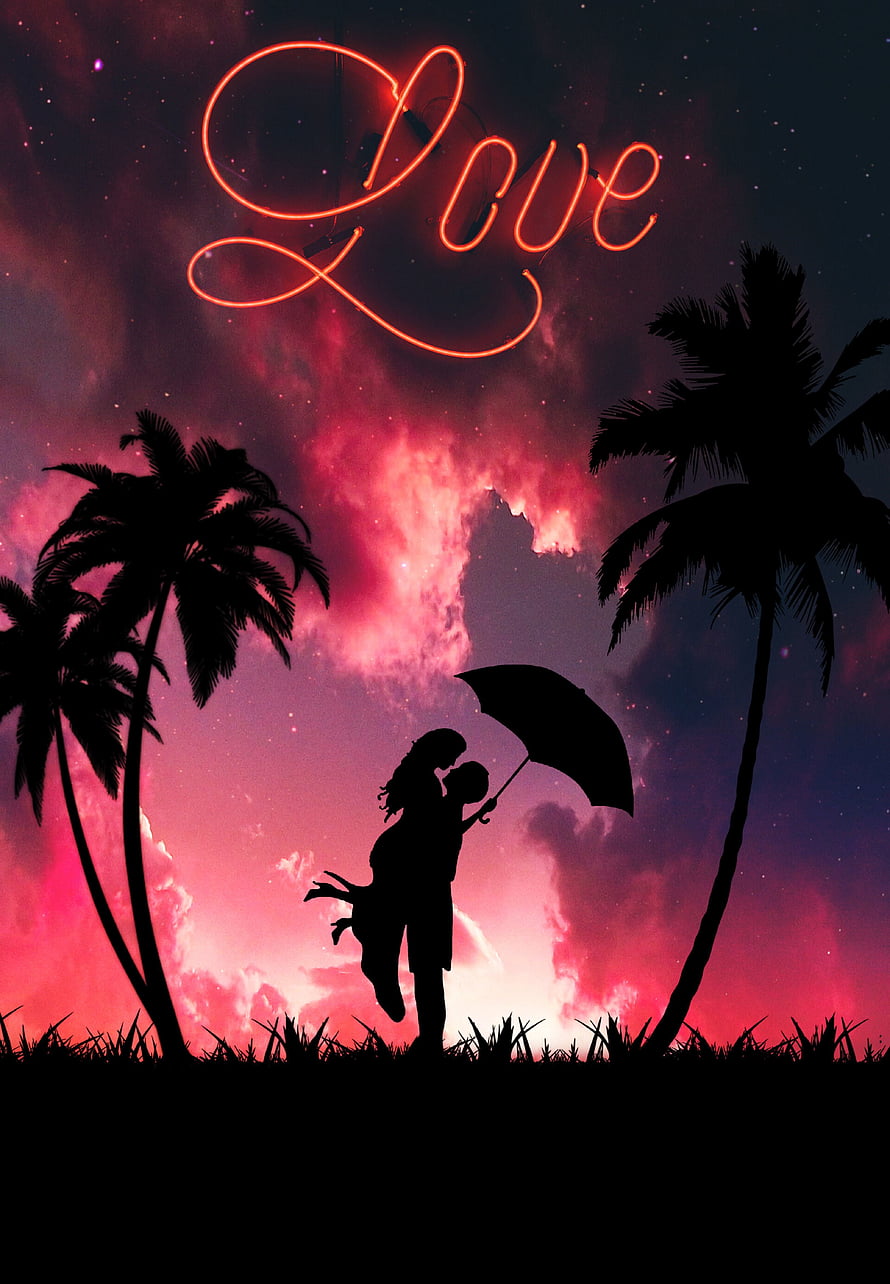 Romantic Couple Silhouette Under Neon Love Sign With Palm Trees At Sunset HD phone wallpaper