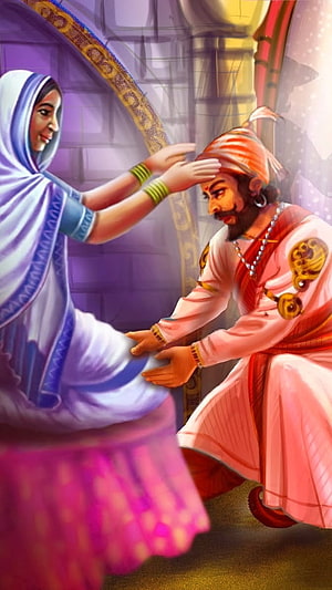 Shivaji Maharaj and Rajmata Jijau in a Devotional Illustration HD phone wallpaper