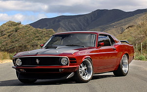 Red Ford Mustang Fastback Muscle Car Parked on Mountain Road HD wallpaper