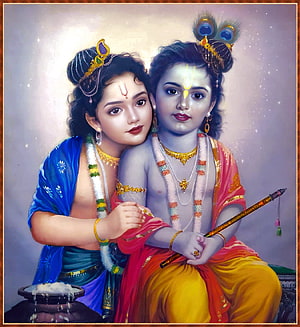 Krishna and Balarama Divine Portrait with Peacock Crown and Flute HD phone wallpaper