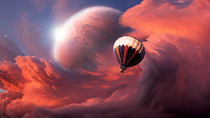 Hot Air Balloon Drifting Through Vibrant Sunset Clouds Beneath a Giant Alien Planet HD wallpaper