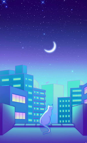 Lo-fi Cat on Rooftop Gazing at Crescent Moon Over Neon City Skyline HD phone wallpaper