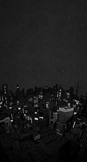 Monochrome Noir Cityscape Illustration with Dense Urban Skyline at Night HD phone wallpaper
