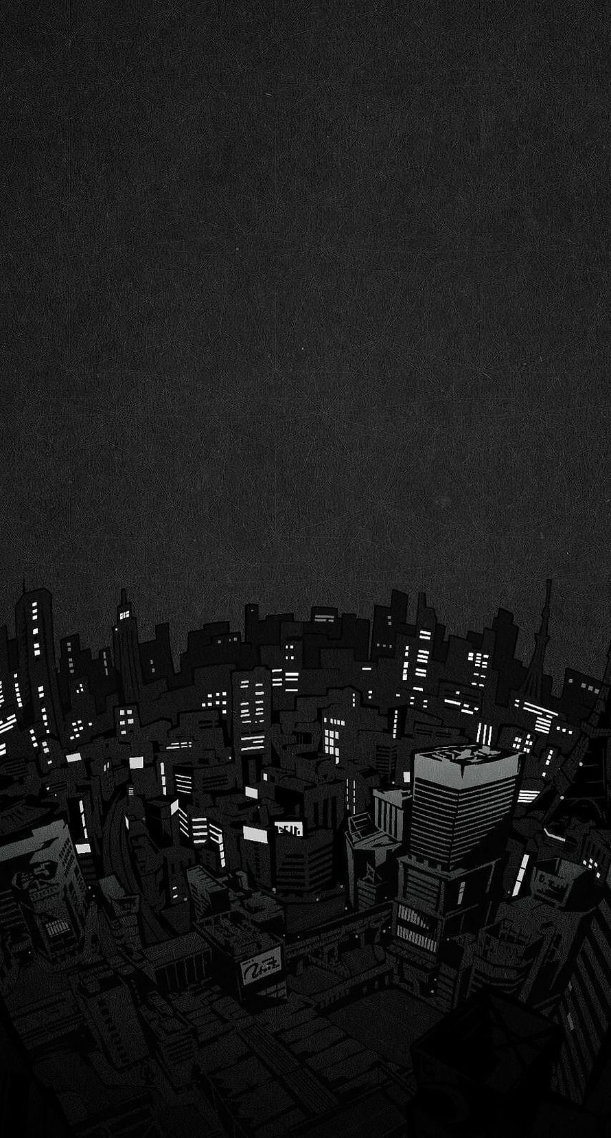 Monochrome Noir Cityscape Illustration with Dense Urban Skyline at Night HD phone wallpaper