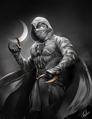Moon Knight digital art featuring the masked vigilante with crescent moon and claws HD phone wallpaper