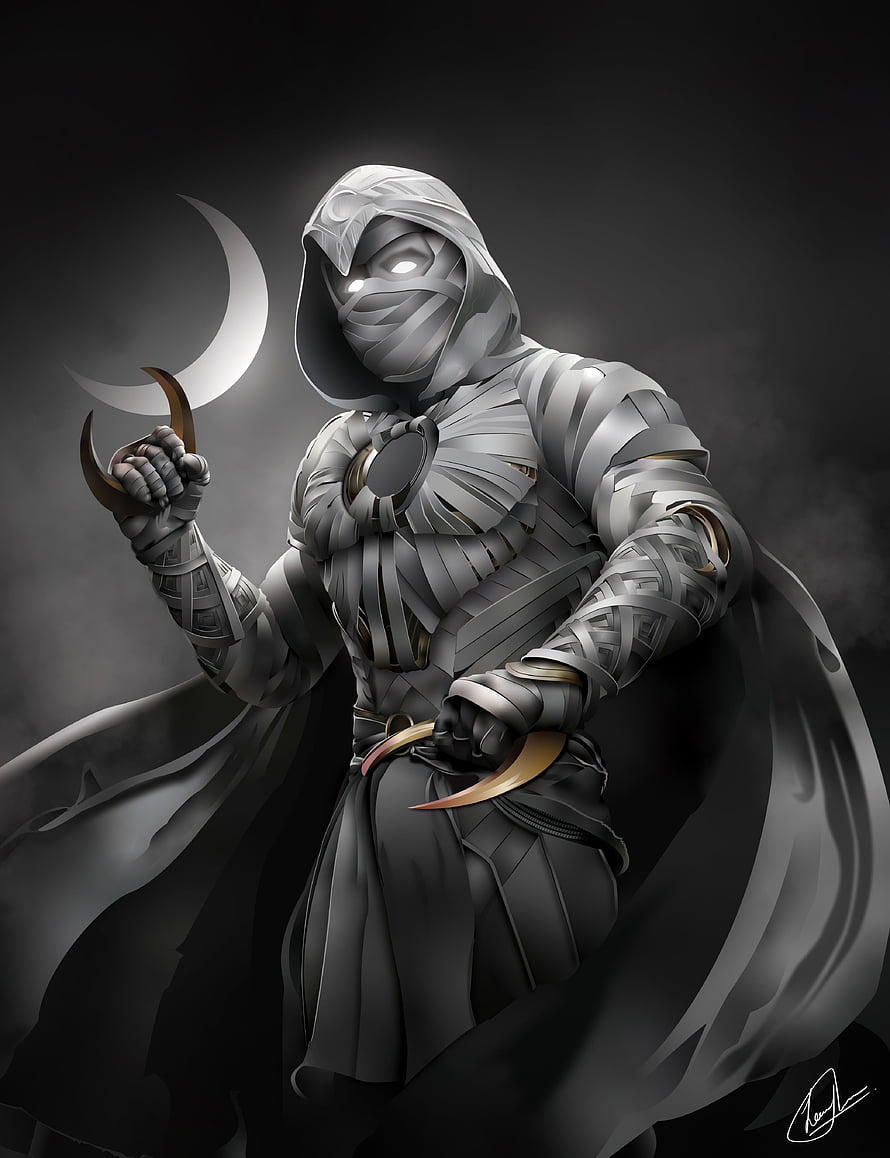 Moon Knight digital art featuring the masked vigilante with crescent moon and claws HD phone wallpaper