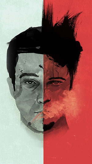 Fight Club Split Face Portrait with Cigarette Smoke and Ink Brush Art HD phone wallpaper