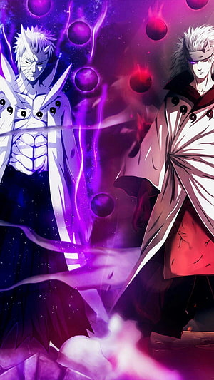 Madara Uchiha and Obito Uchiha in Rikudou Sennin Form with Purple Chakra Orbs HD phone wallpaper