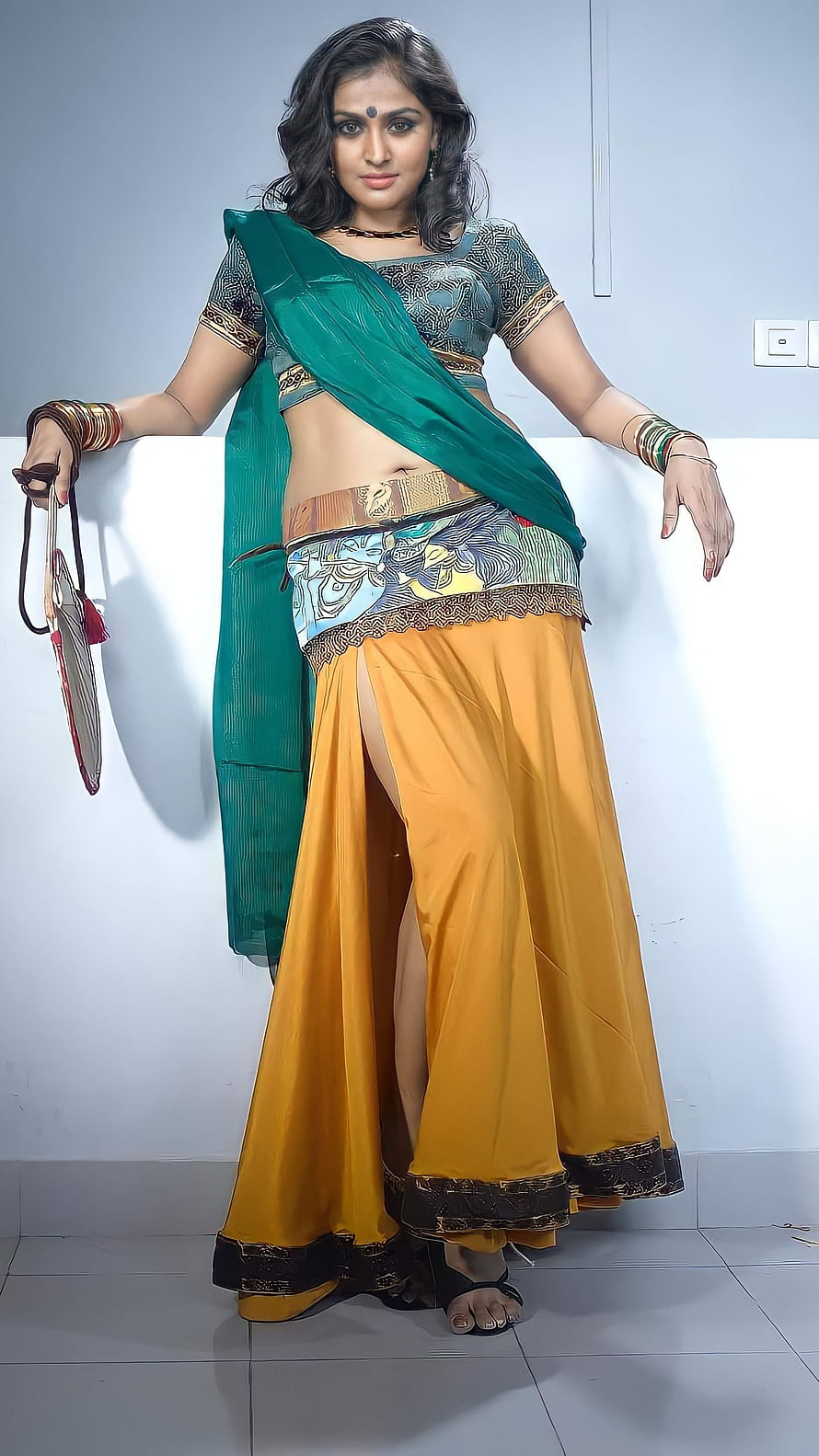 Remya Nambeeshan in Traditional Green and Yellow Indian Ethnic Wear HD phone wallpaper