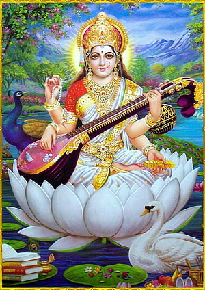 Goddess Saraswati Playing Veena on Lotus with Peacock and Swan HD phone wallpaper